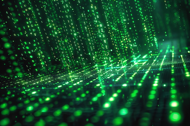 abstract green binary code background with falling numbers