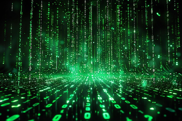 abstract green binary code background with falling numbers
