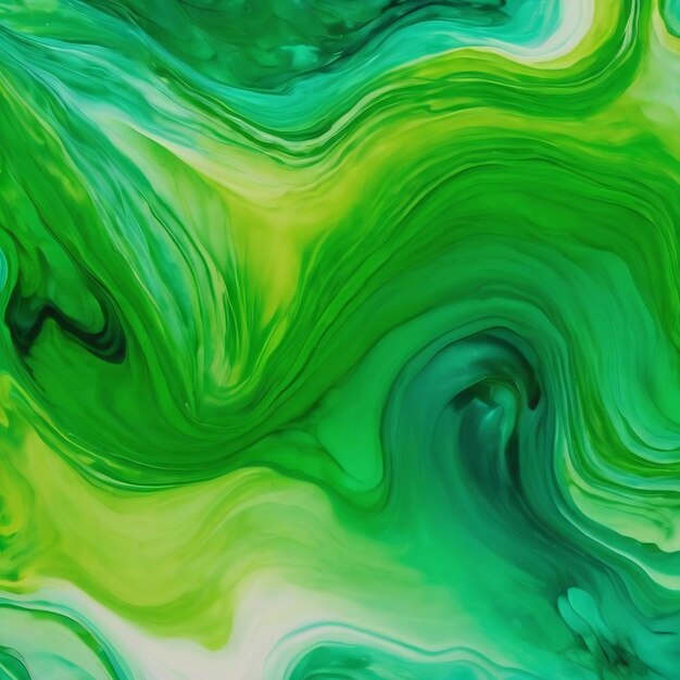 Фото Абстрактный зеленый фон многоцветный флюид-арт волны брызги и пятна акриловые спиртовые чернила