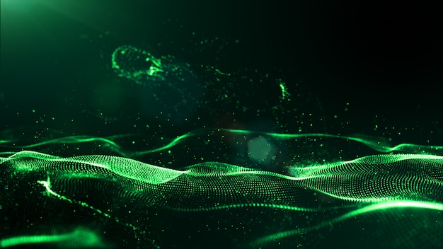 Abstract green color digital particles wave with dust and light background