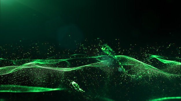 Abstract green color digital particles wave with dust and light background