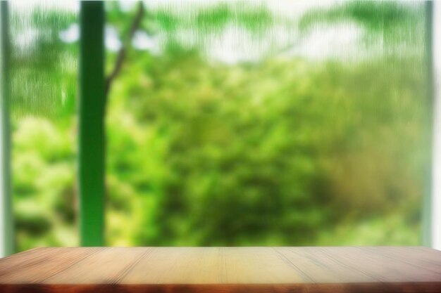 Abstract green color from a garden and a morning metropolitan view on a wooden tabletop