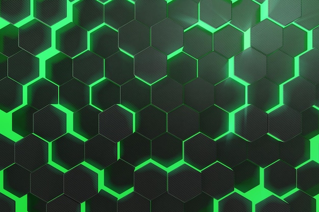 Photo abstract green glowing pattern colorful background of futuristic surface with hexagons 3d rendering