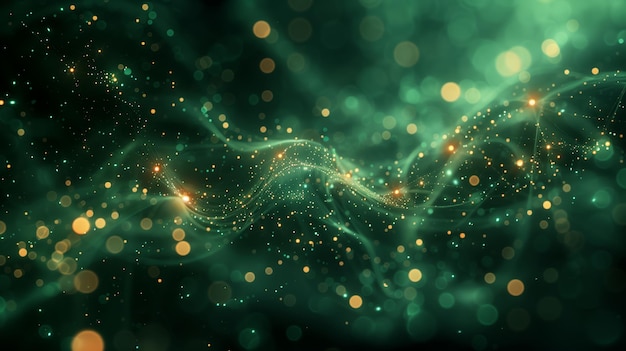 abstract green and gold glitter waves with bokeh lights