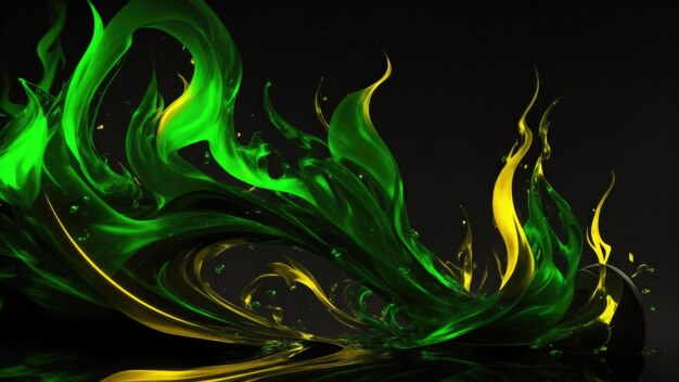 Photo abstract green and golden 3d flame of fire on dark background