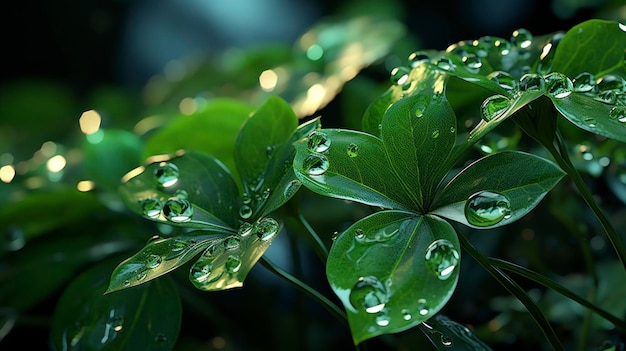 Abstract green leaves with rain drops natural background