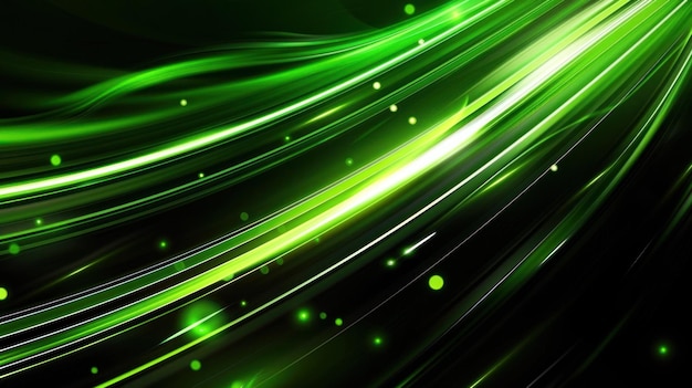 abstract green light lines and glowing particles