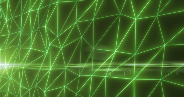 抽象的な緑の線と三角形が光るハイテク デジタル エネルギーの抽象的な背景