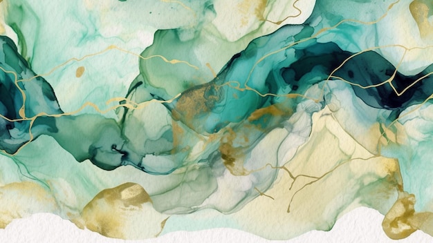 Абстрактная зеленая мраморная текстура акварельный фон на бумаге с золотой линией искусства