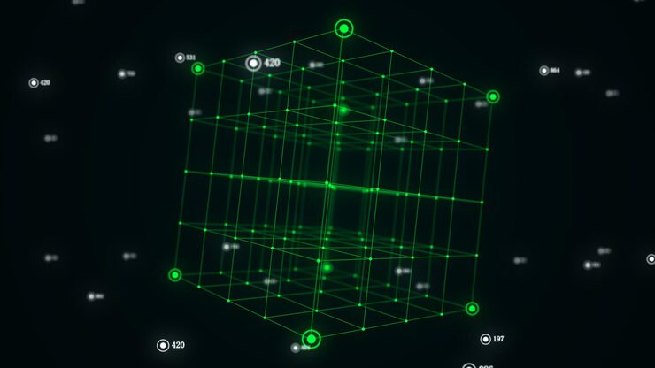 Photo 抽象的绿色科幻立方体与粒子和线与数字指标技术网络连接在世界全球数字连接ai wireframe立方体区块链加密3d染