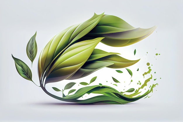 Абстрактные листья зеленого чая в движении на белом фоне Генеративный ИИ Генеративный ИИ