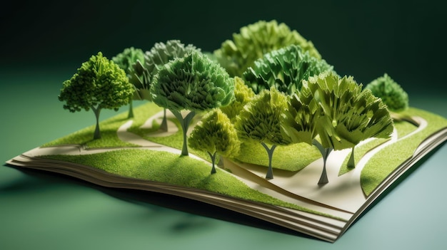 ジェネレーティブ AI の本で抽象的な緑の木々 と地面