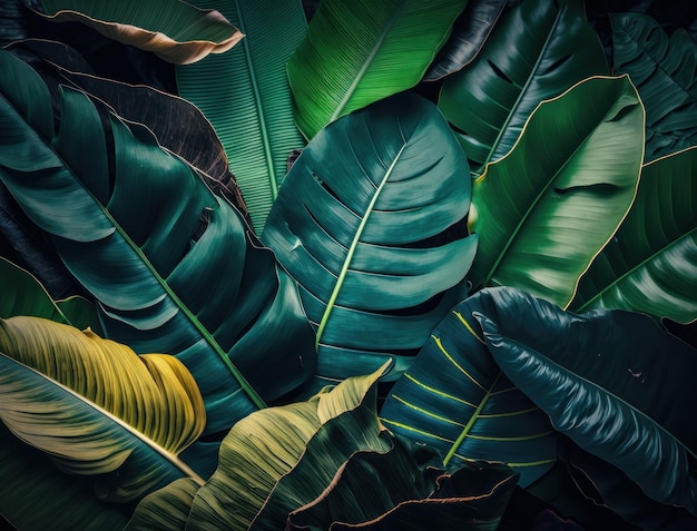 Абстрактный зеленый фон тропических бананов и листьев монстеры, созданный с помощью генеративной технологии искусственного интеллекта
