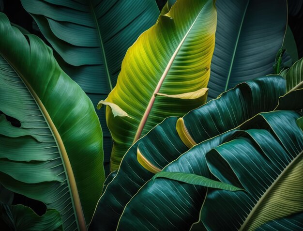Abstract green tropical banana and monstera leaves background created with generative ai technology