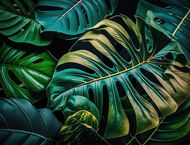 Abstract green Tropical Banana and Monstera Leaves background created with Generative AI technology