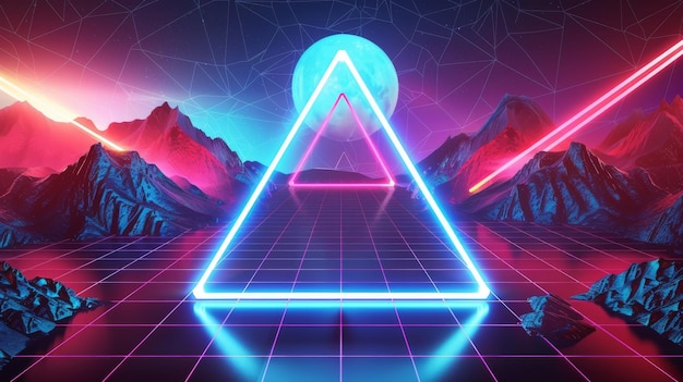 An abstract grid mountain landscape with a glowing neon triangle creates a new retro wave style backdrop for music covers or retrofuturistic banners