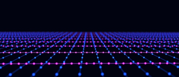 abstract grid with blue light on black background science background with moving dots and lines network connection technology digital structure with particles 3d rendering