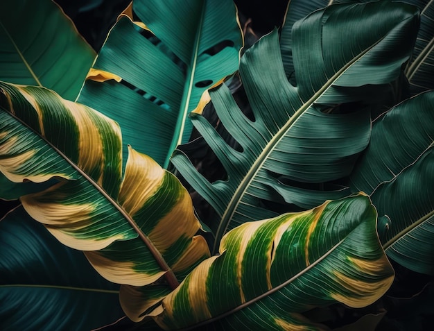 Abstract groene Tropische bananen en Monstera bladeren achtergrond gemaakt met Generative AI-technologie