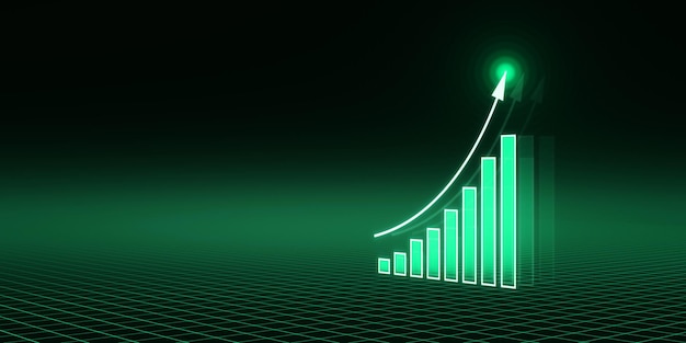 abstract growing blue business chart with arrows on wide dark green background with mock up place future growth plan and company benefit concept 3d rendering