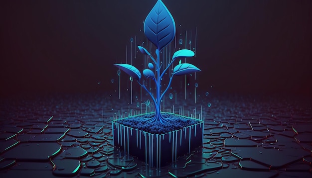 Abstract growing plant in soil with drop of water Low poly style design Generative ai