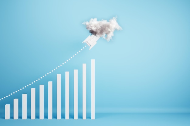 Abstract growing upward chart with rocket in cloud