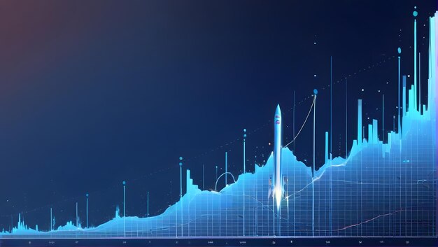 Photo abstract growth graph chart with launch rocket on technology blue background