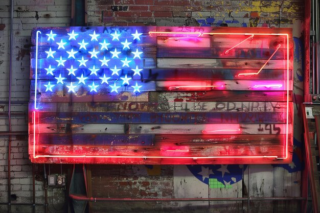 Photo abstract grunge background with flag usa lighted neon lamps wooden surface hang shabby brick wall