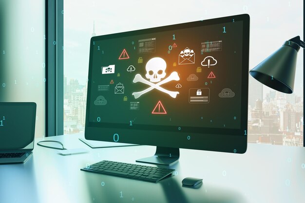 Photo abstract hacker skull hologram on computer monitor blurry window with city view background hacking malware and phishing concept 3d rendering