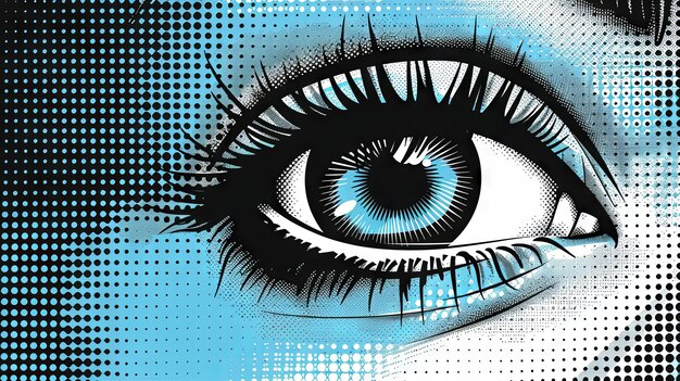 Foto abstract halftone eye illustration in black and blue vintage pop art style