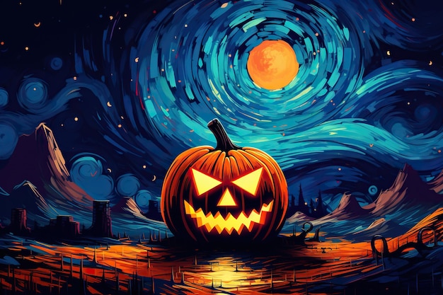 An abstract halloween pumpkin neon colors a haunted evil glowing eyes of jack o lanterns