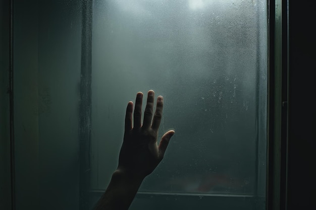 Abstract hand against foggy glass wall in dark room