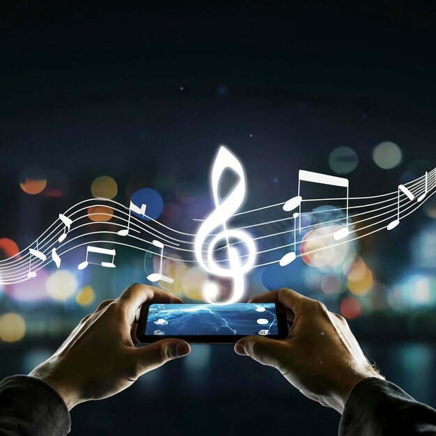 Abstract hand playing music notes on smartphone at night background music concept
