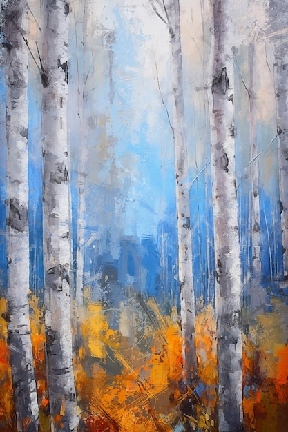 Abstract handpainted oil painting birch tree illustration modern minimalist decorative painting