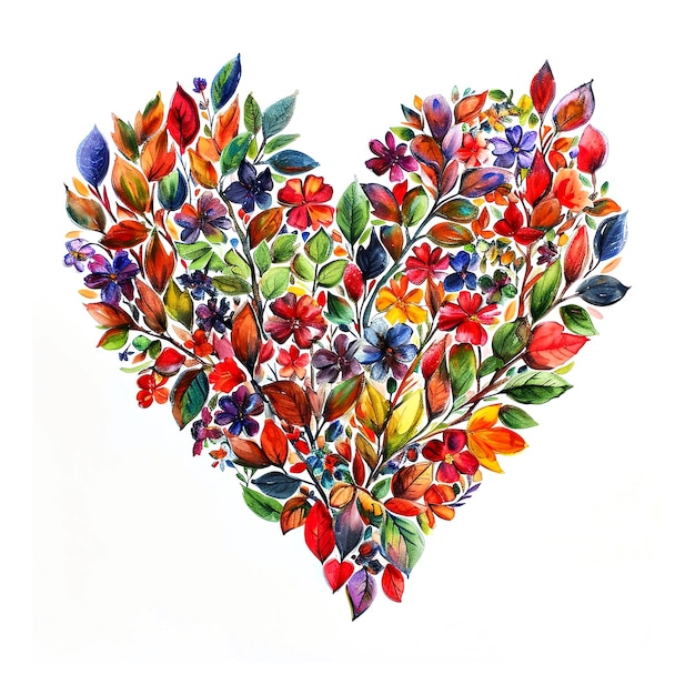 Abstract heart made of many leaves and bright flowers isolated on a white background watercolor