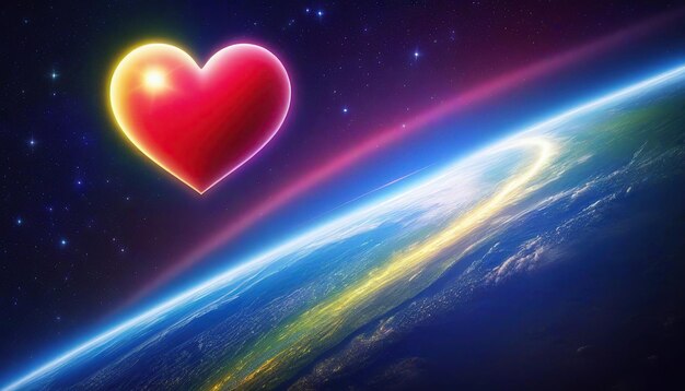 Photo abstract heart with planet earth in the center of the colorful background