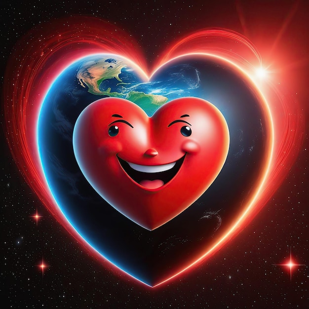 Abstract heart with planet earth in the center of the colorful background