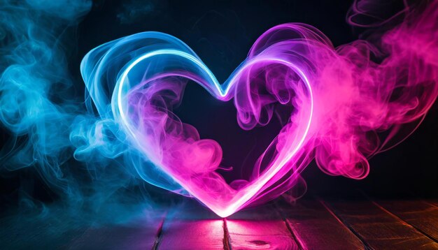 Abstract heartshape with smoke and neon glowing Futuristic fog dark Love Valentines Day romantic