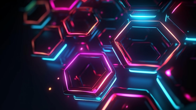 Abstract Hexagon Shapes with Glowing Neon Elements