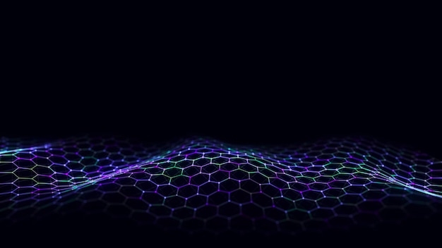 黒い背景に青い光を放つ抽象的な六角形の波 科学の背景に動く点と角線 ネットワーク接続技術 粒子のデジタル構造 3Dレンダリング