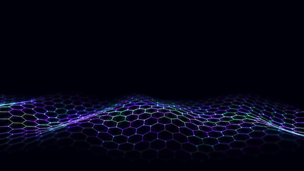 Photo abstract hexagon wave with blue light on black background science background with moving dots ang lines network connection technology digital structure with particles 3d rendering