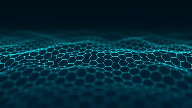 Abstract hexagon wave with moving dots flow of particles cyber\
technology illustration 3d rendering