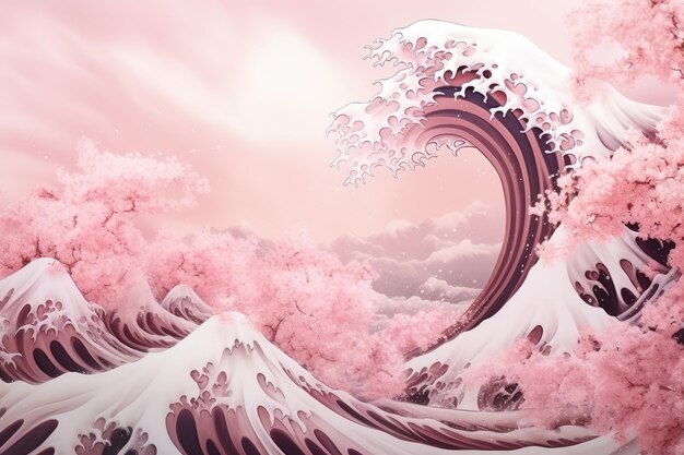 Abstract hokusai style background waves sea pink