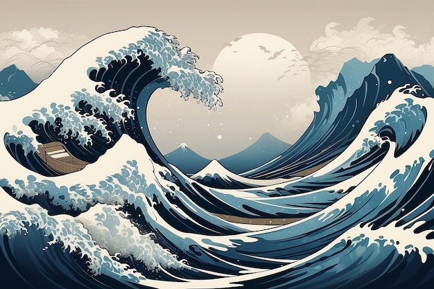 Photo abstract hokusai style background waves with sea