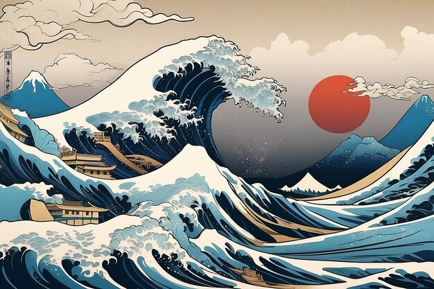 Абстрактный фон в стиле Хокусай Волны с морем