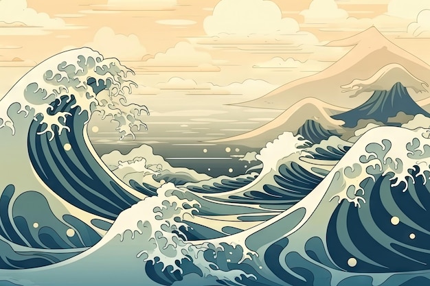 Abstract Hokusai style background Waves with sea