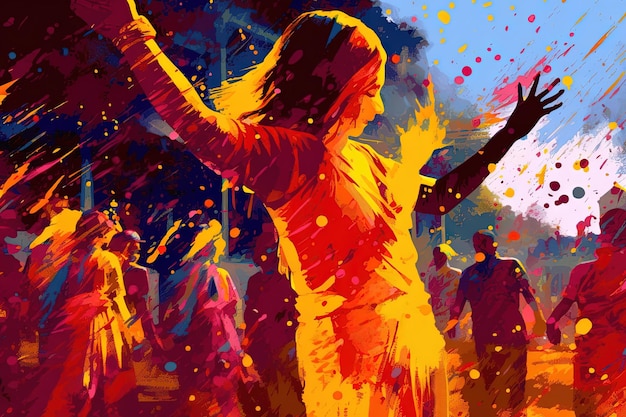 Abstract Holi-festival vult de lucht met gelach en vreugde terwijl levendige poeders exploderen in een caleidoscoop van tinten abstract silhouet mensen illustratie generatieve ai