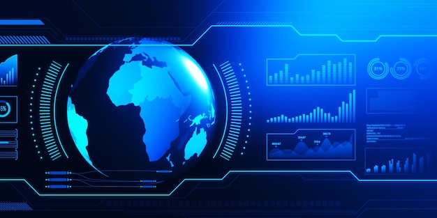 abstract holographic screen with digital globe interface and business chart on blurry blue backdrop hud international stock and future monitor concept 3d rendering