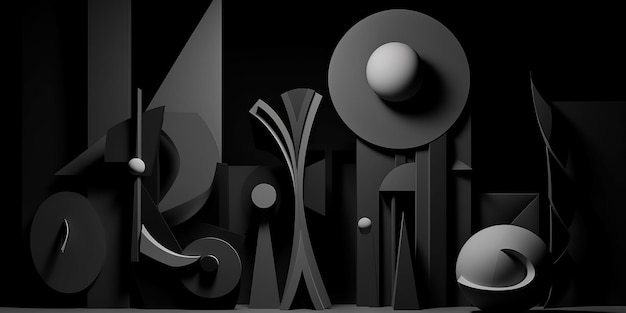 Abstract horizontal composition with black d objects on black background