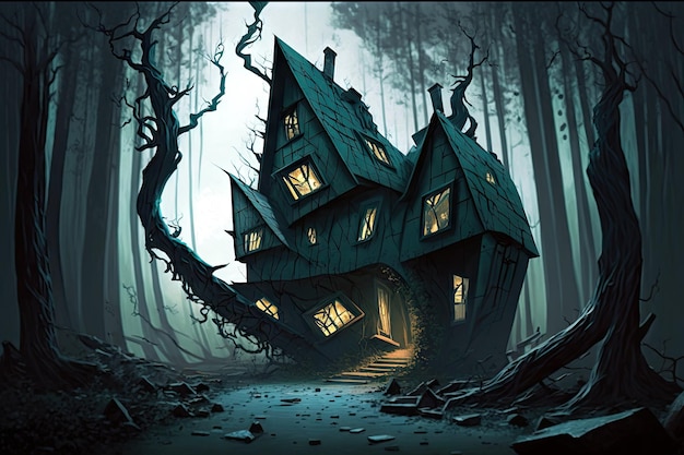 Abstract horror house with crooked pathways in dark forest