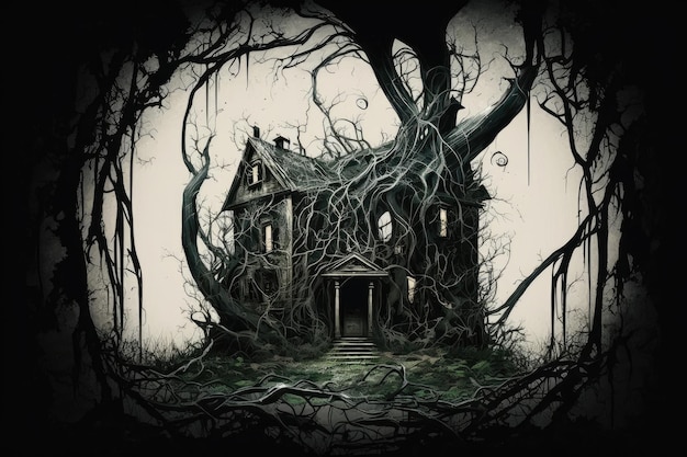 Abstract horror house with crooked pathways in dark forest